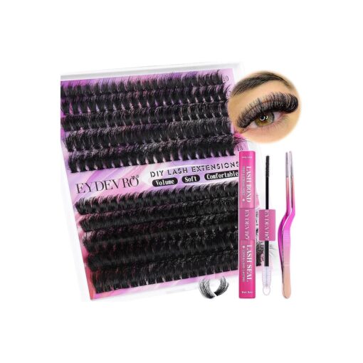 Eyelash Extension Kit Fluffy Lash Extension Kit D Curl Lash Clusters Kit Thick Volume Individual Lashes 200 Pcs DIY Lash Extension Kit with Lash Bond and Seal Lash Tweezers ( 60D80D,10-18mm ) by EYDEVRO