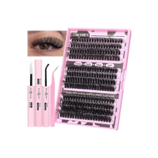 Eyelash Extension Kit Fluffy Thick Volume Lash Extension Kit 14-20mm D Curl Mink Lash Clusters 240pcs Individual Lashes Kit with Bond and Seal and Lash Applicator DIY at Home for Beginner by Yawamica