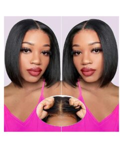 Put on and Go Glueless Wigs Human Hair Pre Plucked Pre Cut, Short Straight Bob Lace Front Wigs for Black Women, 4x4 Lace Closure Wig with Elastic Band for Beginners, 180 % Density, 10 Inch