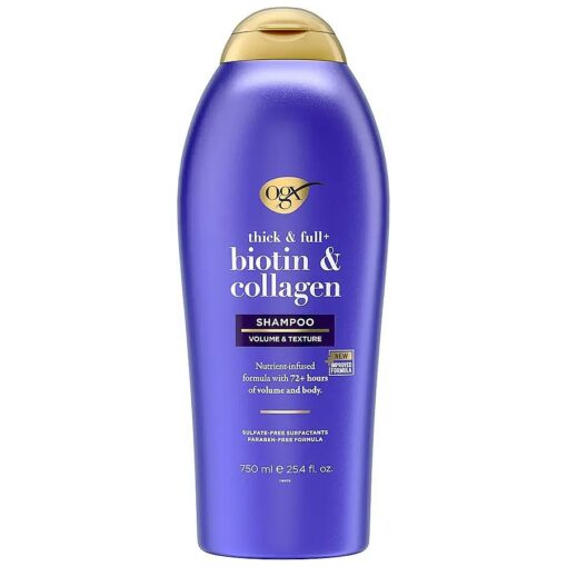 OGX Thick & Full + Biotin & Collagen Volumizing Shampoo, Nutrient-Infused Hair Shampoo with Vitamin B7 Biotin Gives Hair Volume & Body for 72+ Hours, Sulfate-Free Surfactants, 25.4 fl, oz