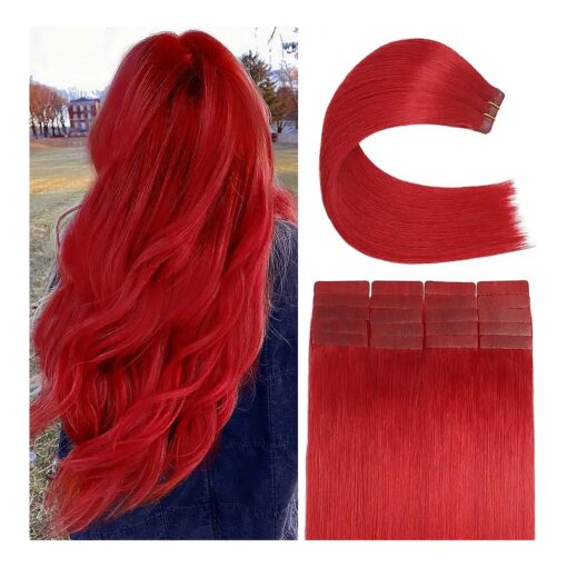 Red Color Tape in Hair Extensions Human Hair, Seamless and Invisible Double 16inch 20pcs 30g/pack 100 % Remy Human Hair for Women ( 16inch Red 30g ) Straight and Thick from Top to End