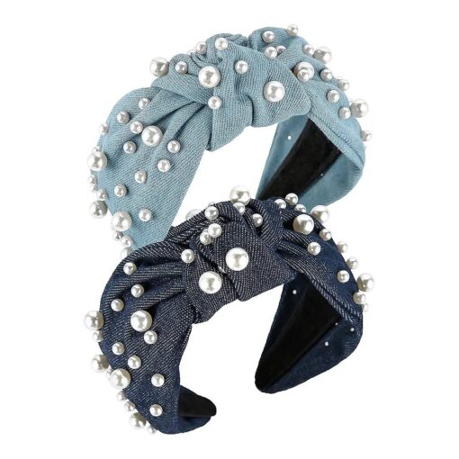 Cloth Headbands Tie For Women Top Knot Headband With Pearls Denim Headband For Girls Hair Wide Beads Bow Glam Thick Fashion Hairband