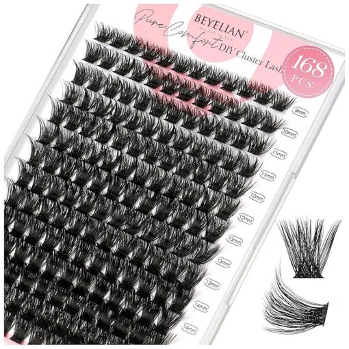 BEYELIAN Lashes Clusters D Curl 168pcs 9-16mm Cluster Lashes Dense Look DIY Eyelash Extensions Super Thin Band & Soft Lashes Reusable Mixed Tray Volume False Lashes ( 56D )