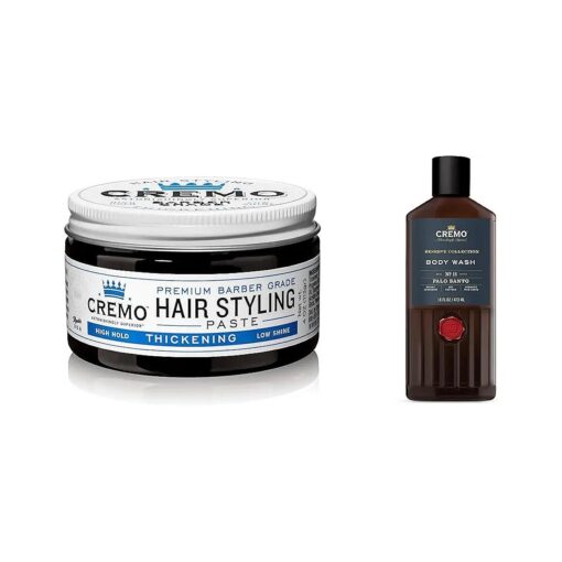 Cremo Barber Grade Hair Styling Thickening Paste and Palo Santo Body Wash Bundle, 4 Oz and 16 Fl Oz