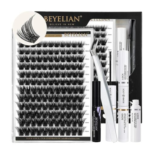 BEYELIAN Lash Extension Kit 132 Pcs D Curl Cluster Lashes Kit False Eyelashes Extension Thick Cluster Lashes Reusable Black Super Thin Band Mix DIY Eyelash Extension ( FD115 )