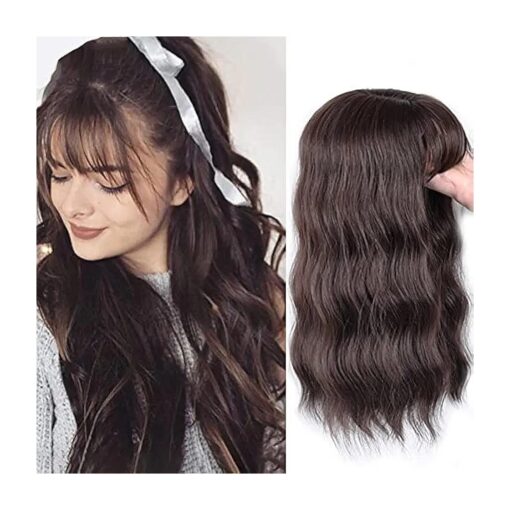 Long Curly Wavy Hair Topper Hairpieces with Bangs for Women Mix Dark Auburn Brown Crown Toppers Hairpieces Clip in Hair Topper for Thinning Hair Synthetic Hair Extension