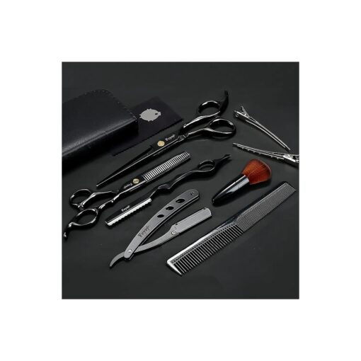 Hair Cutting Scissors Thinning Shears Kit for Haircutting, Fcysy Professional Barber Scissors Hair Scissors Set, Black Haircut Scissor Blending Shears Straight Edge Razor Barber Supplies for Men Women