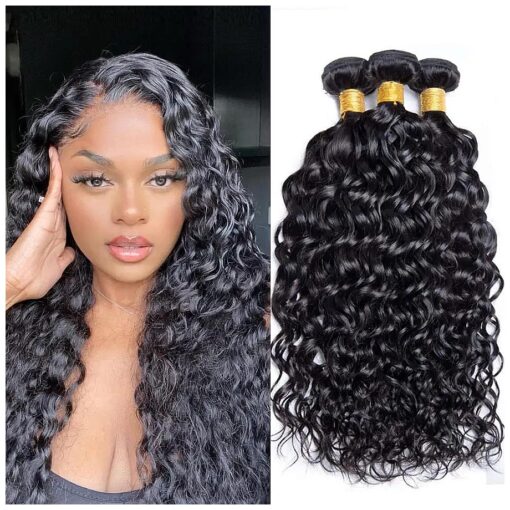 Water Wave Bundles Human Hair 16 18 20 Inch Deep Wave Bundles 10A Brazilian 100 % Unprocessed Virgin Human Hair Wet and Wavy Bundles Double Weft Water Curly Weave 3 Bundles Natural Black