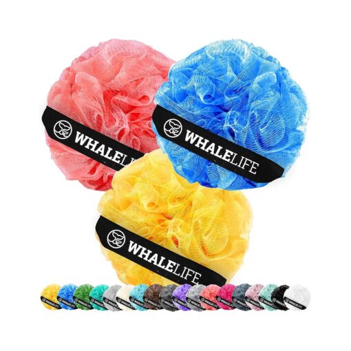 WhaleLife Bath Loofah Sponge Shower Pouf Puff for Men Women 3 Pack ( Pink Blue Yellow )