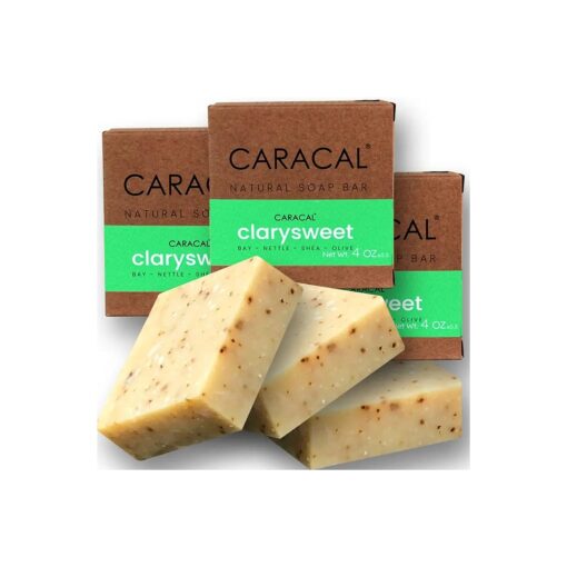 CARACAL Clarysweet Vegan Herbal Natural Soap Bar for Men Women ( 3-Pack ) Strong Woodsy Bay Laurel, Clary Sage, Nettle, Olive, Castor Oils & Shea Butter