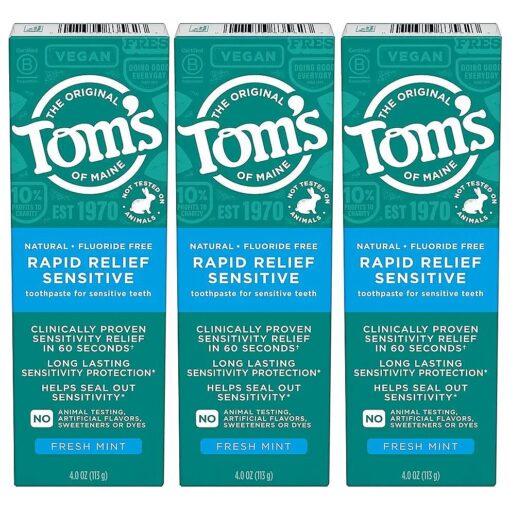 Tom 's of Maine Fluoride-Free Rapid Relief Sensitive Toothpaste, Fresh Mint, 4 oz, 3-Pack ( Packaging May Vary )