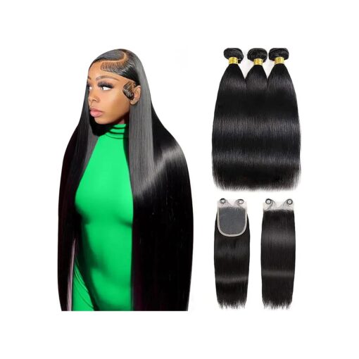 ( 22" 24" 26" +18" ) Remy Human Straight Brazilian Hair Bundles with Lace Closure Three Part 4x4 100 % Unprocessed Virgin Brazilian Human Hair Extension Natural Color for Human Hair Wigs By Gabrielle