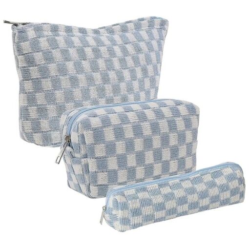 Cessfle 3 Pieces Makeup Bag Cosmetic Bag Set Checkered Makeup Bag Small Cosmetic Pouch Blue Personalize Travel Toiletry Bag Organizer Cute Makeup Brushes Storage Bag for Women ...