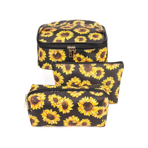 FITINI Sunflower Makeup Bag 3 Pack Travel Toiletry Bag Portable Cosmetic Pouch Organizer with Small Brush Holders Gold Zipper Waterproof Storage Case for Women and Girls