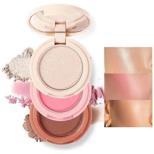 3-in-1 Blendable Trio, Contour and Highlight Blush Makeup Palette, Cream Bronzer, Silky Smooth Powder Blush, Shimmer Highlighter Makeup Powder, Pink Brown Eyeshadow Palette with Mirror ( 01 )