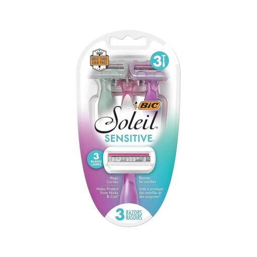 BIC Soleil Sensitive Women 's Disposable Razors, 3 Blades With Moisture Strip For a Silky Smooth Shave, 3 Piece Razor Set