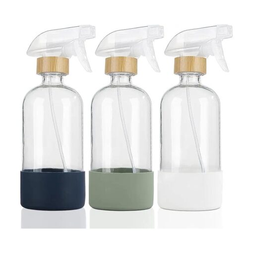 HOMBYS Empty Bamboo Glass Spray Bottles with Silicone Sleeve Protection - Refillable 17 oz Clear Glass Containers for Cleaning Solutions, Essential Oils, Misting Plants - Quality Sprayer - 3 Pack