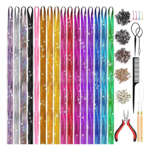 Hair Tinsel Kit ( 48 Inch, 16 Colors, 3200 Strands ), Glitter Sparkling Tinsel Hair Extensions with Tools, Heat Resistant Fairy Hair Tinsel Kit for Women Girls Cosplay Party Festival Hair Accessories