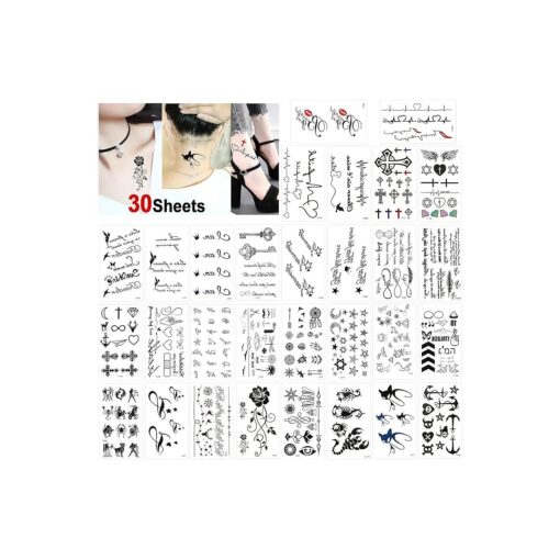 Konsait Temporary Tattoos for Adult Women Men Kids ( 30 Sheets ), Waterproof Temporary Tattoo Fake Black Tiny Tattoos Body Art Sticker Hand Neck Wrist Cover Up Set