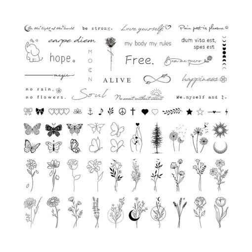 Realistic Temporary Tattoos for Women - 60 Sheets Tiny Small Removable Adult Fake Tattoos,185 Pcs Minimalist Waterproof Inspirational Quotes Words Wild Flower Floral Bouquet Adults Tattoo Stickers