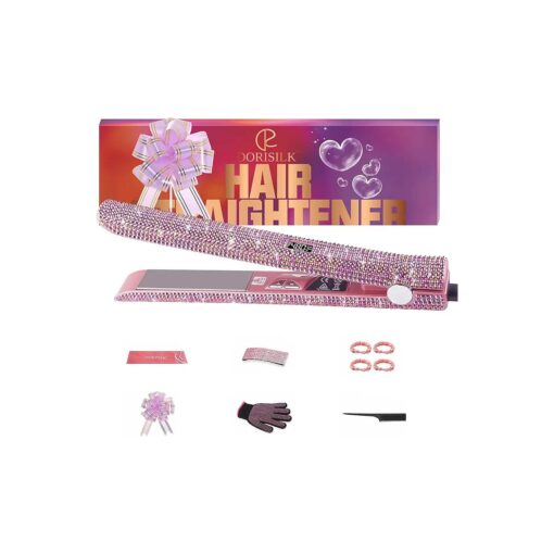 DORISILK 480degF High Temp Titanium Flat Iron, Pink Hair Straightener and Curler 2 in 1 Bedazzled Rhinestone Crystal Bling Straightening Curling Flattening Iron 30s Fast Heat Dual Voltage 1" Rose Pink