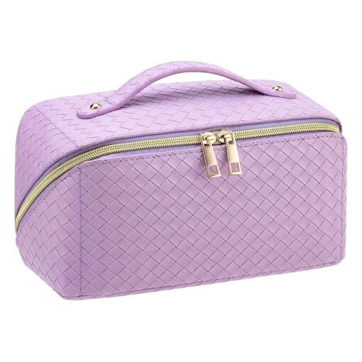 Large Capacity Travel Cosmetic Bag, Toiletry Bag, Women Portable Makeup Bag Opens Flat for Easy Access, PU Leather Waterproof Travel Cosmetic Bag with Handle and Divider