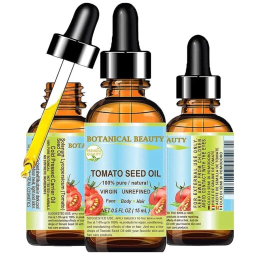 TOMATO SEED OIL 100 % Pure Natural Virgin Unrefined Cold-pressed Carrier Oil 0.5 Fl oz 15 ml For Face, Skin, Body, Hair, Lip, Nails, Rich in Vitamin E, Lycopene by Botanical Beauty