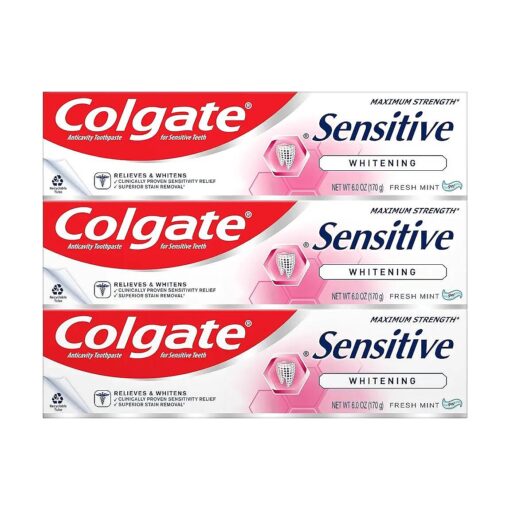 Colgate Whitening Toothpaste for Sensitive Teeth, Enamel Repair and Cavity Protection, Fresh Mint Gel, 6 Oz ( Pack of 3 )