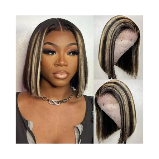 FB/27 Balayage Highligh Bob Wig Human Hair 13x4 HD Lace Front Wig Human Hair Pre Plucked with Baby Hair 180 % Density Ombre Highlight Straight Short Bob Wigs for Women Bleached Tiny Knots 12Inch