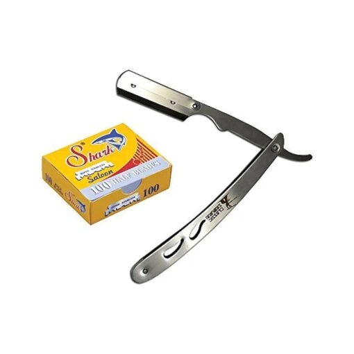 CS-102 Stainless Steel Professional Barber Straight Edge Razor with 100 Count Shark Single Edge Razor Blades