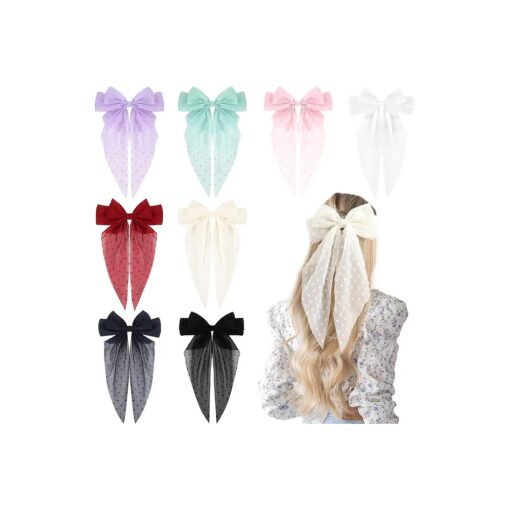 8Pcs Big Tulle Layered Hair Bows for Women Girls 8 Inch Barrette Hair Clip Long Black Gauze Bows French Style Hair Accessories ( Big tulle bow )