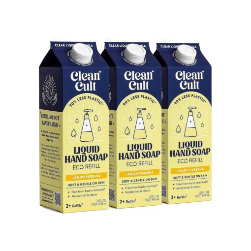 Cleancult - Liquid Hand Soap Refills - Lemon Verbena - Made with Aloe Vera & Essential Oil Blend - Nourishes & Moisturizes Dry & Sensitive Skin - Eco Friendly - Paper-Based Packaging - 32 oz/3 Pack