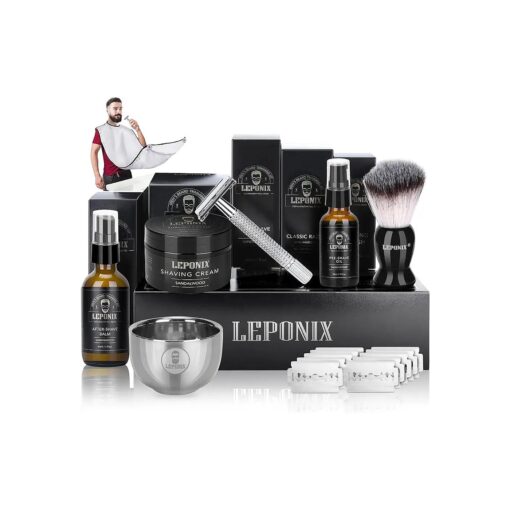 Shaving Kit for Men, Include Safety Razor, Sandalwood Shaving Cream, Mens aftershave, Pre Shave Oil, Shaving Brush and Bowl, Shaving Bib -Unique Gifts for Men Him Stocking Stuffers