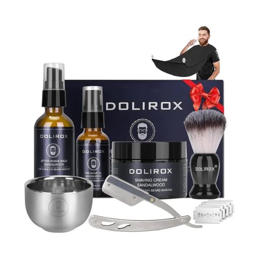 Shaving Kit for Men, Includes Straight Razor for Men, Shaving Cream, Pre Shave Oil, After Shave Balm for Men, Shaving Brush and Bowl, Beard Apron Bib, Gifts Set for Men Him Boyfriend Stocking Stuffers