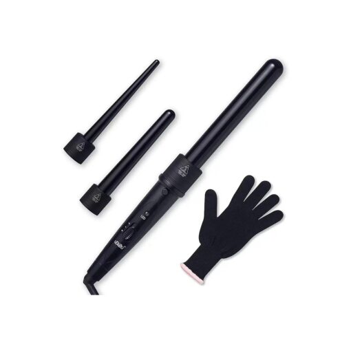 Tourmaline 3 in 1 Curling Wand Set with 3 Interchangeable Curling Iron Ceramic Barrels with Heat Resistant Glove - Black