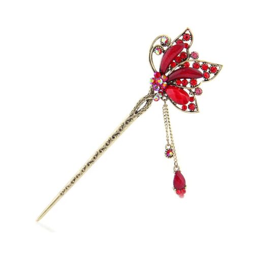 YOY Fashion Long Hair Decor Chinese Traditional Style Women Girls Hair Stick Hairpin Hair Making Accessory with Butterfly, Red