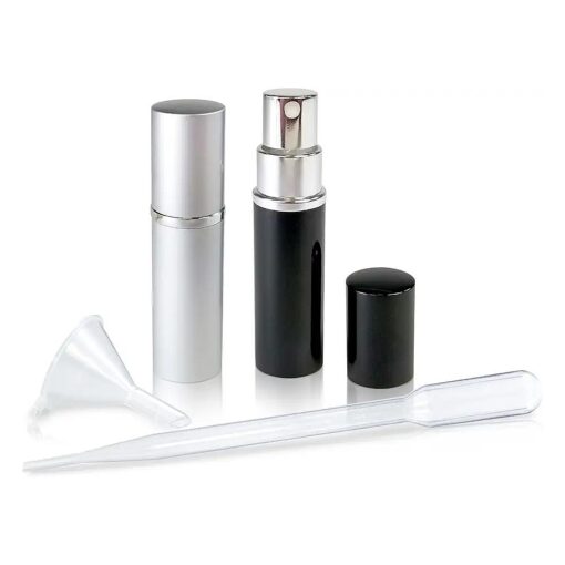 Refillable Perfume & Cologne Fine Mist Atomizers with Metallic Exterior & Glass Interior - 5ml Portable Travel Size - 3ml Squeeze Transfer Pipette Included ( 2 Pack, Silver & Black )