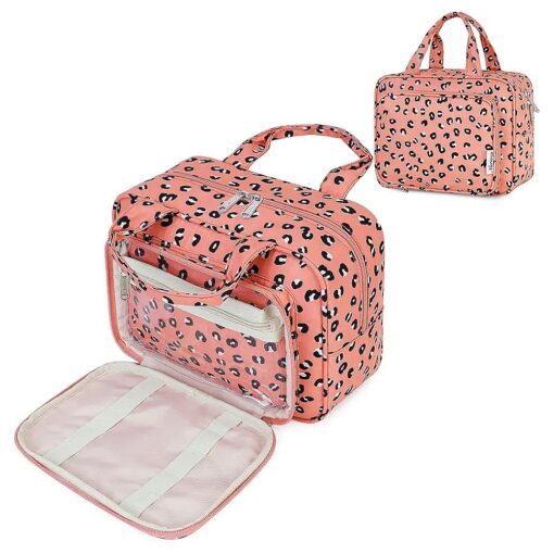 Narwey Full Size Toiletry Bag Women Large Makeup Bag Organizer Travel Cosmetic Bag for Essentials Accessories ( Orange Leopard )