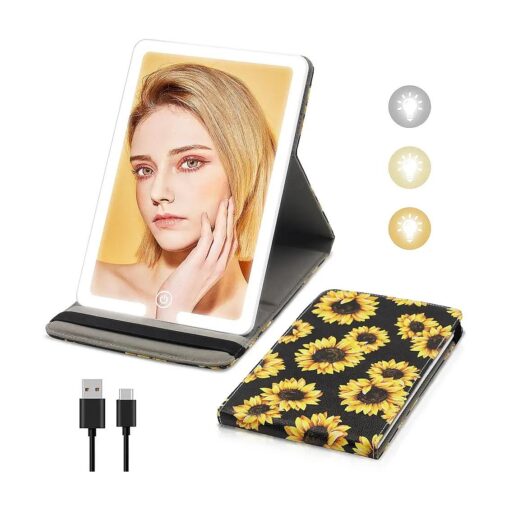 Travel Mirror with Light, PU Leather Cover Vanity LED Lighted Makeup Mirror with Lights, Rechargeable 1500mAh Battery, 3-Color Light Modes Dimming Light Up Mirror 8X 5.5inch for Travel, Home, Office