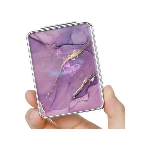 Pocket Mirror, Small Travel Mirror with Magnification, Portable Double-Sided Magnifying Cosmetic Mirror for Daily ( Purple Butterfly )