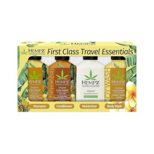 First Class Travel Essentials - Floral Banana Herbal Shampoo, Conditioner, Moisturizer, & Body Wash for Traveling Bath or Shower, Hair & Skin Care for Women or Men, 4-Pack, 2.5 Oz Bottles