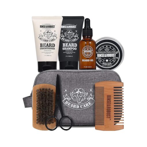 Beard Kit Rinse & Robust Beard Care Grooming For Men Beard Travel Set Christmas Gift |Beard Shampoo and Conditioner, Beard Oil, Beard Balm, Double-Headed Brush, Beard Scissors, Bristle Brush, Travelling Bag