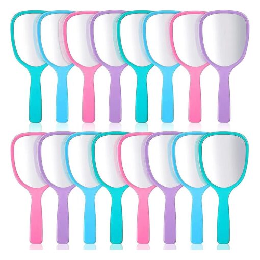 16 Pieces Hand Handheld Mirror with Handle Plastic Travel Makeup Handheld Cosmetic Mirror, Portable Vanity Mirror for Travel, Camping, Home, 3.15 Inch Wide, 7.09 Inch Long ( Blue, Green, Pink, Purple