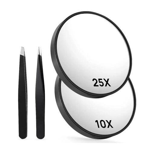 OMIRO 10X & 25X Magnifying Mirrors with Two Eyebrow Tweezers Kits, 3.5" Two Suction Cups Magnifier Set for Travel ( Black )