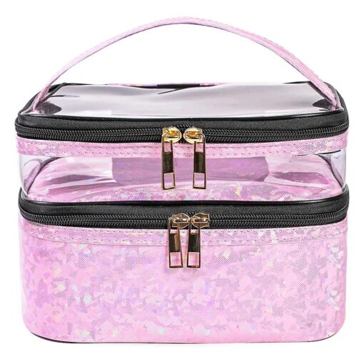 FITINI Makeup Bags Double Layer Travel Storage Cosmetic Cases Make-up Organizer Toiletry Bags Water-resistant for Women Makeup Brush Bag, Light Pink Holographic