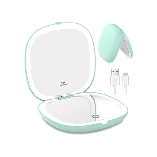 wobsion Travel Mirror with Light, Rechargeable 1x/10x Compact Magnifying Mirror, Dimmable Pocket Mirror, Handheld 2-Side Mirror with Light,4inch Travel Size, Portable for Handbag, Purse, Gift, Cyan