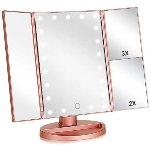 Tri-fold Lighted Vanity Makeup Mirror with 3x/2x Magnification,21 LEDs Light and Touch Screen,180 Degree Free Rotation Countertop Cosmetic Mirror, Travel ( Rose Gold )