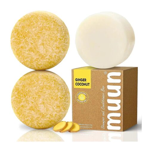 Muun Shampoo Bar Pack 3 - Ginger & Coconut - pH Balanced Hair Growth, Anti Hair Loss, Hair Regrowth Solid Soap Easy for Travel - Sulfate & Silicone Free For All Hair Type