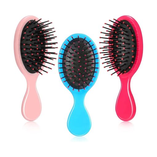 Nuenen 3 Pieces Mini Detangler Hair Brushes Small Wet Dry Hair Brush Travel Detangling Brushes Soft Bristles Pocket Child Hairbrush for Kids Women Girls for Most Hair Types ( Blue, Pink, Plum Red )