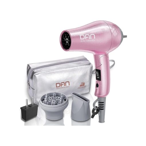 DAN Technology Travel Dual Voltage Mini Blow Dryer with Concentrator, Small Hair Dryer with Diffuser, European Hair Dryer with European Plug, Pink Blow Dryer for Women